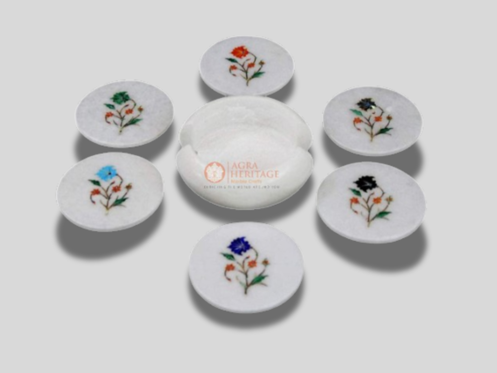 White Round Marble Coaster Set Multi Floral Inlaid Art